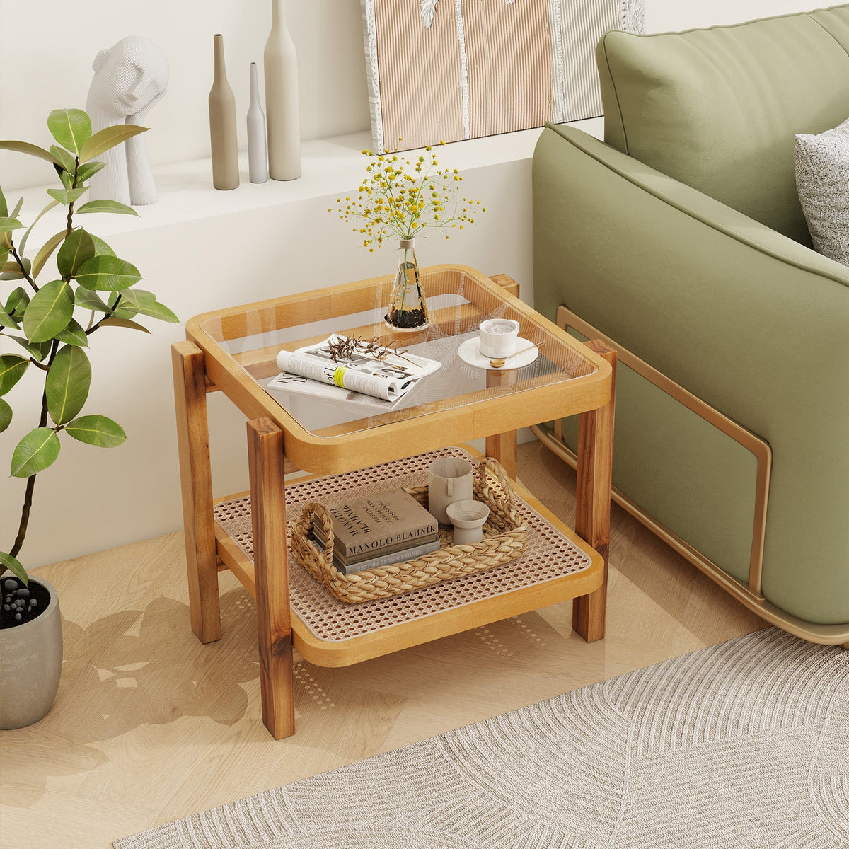 Rattan 2-Tier End Side Table with Tempered Glass Top Acacia Wood Legs-Brown