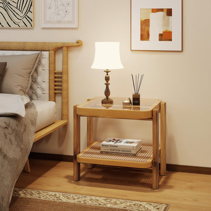 Rattan 2-Tier End Side Table with Tempered Glass Top Acacia Wood Legs-Brown