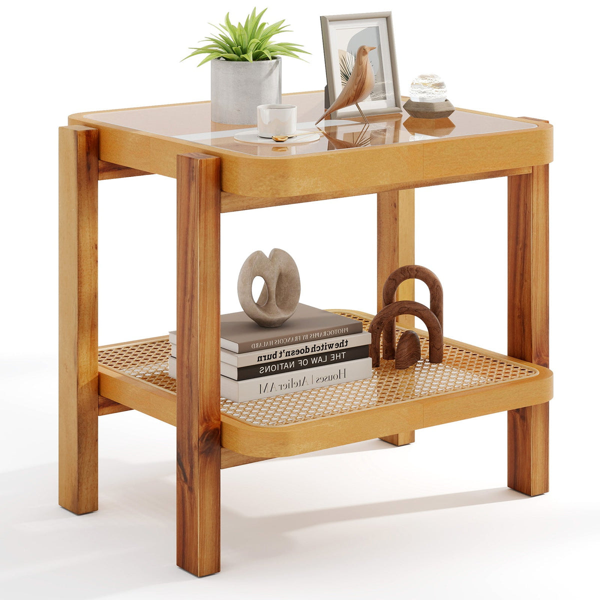 Rattan 2-Tier End Side Table with Tempered Glass Top Acacia Wood Legs-Brown