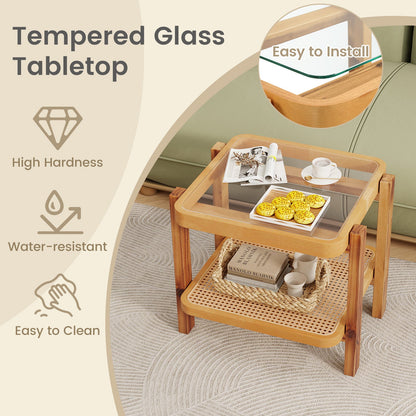 Rattan 2-Tier End Side Table with Tempered Glass Top Acacia Wood Legs-Brown