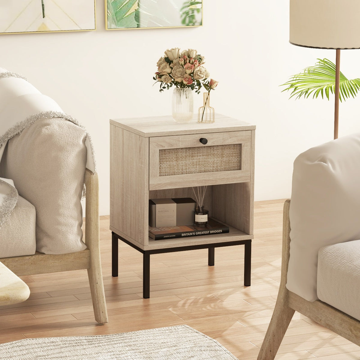 Rattan Nightstand Boho End Table with Rattan Drawer and Open Shelf