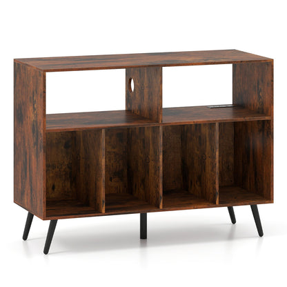 Record Player Stand with Charging Station and Open Shelves-Rustic Brown
