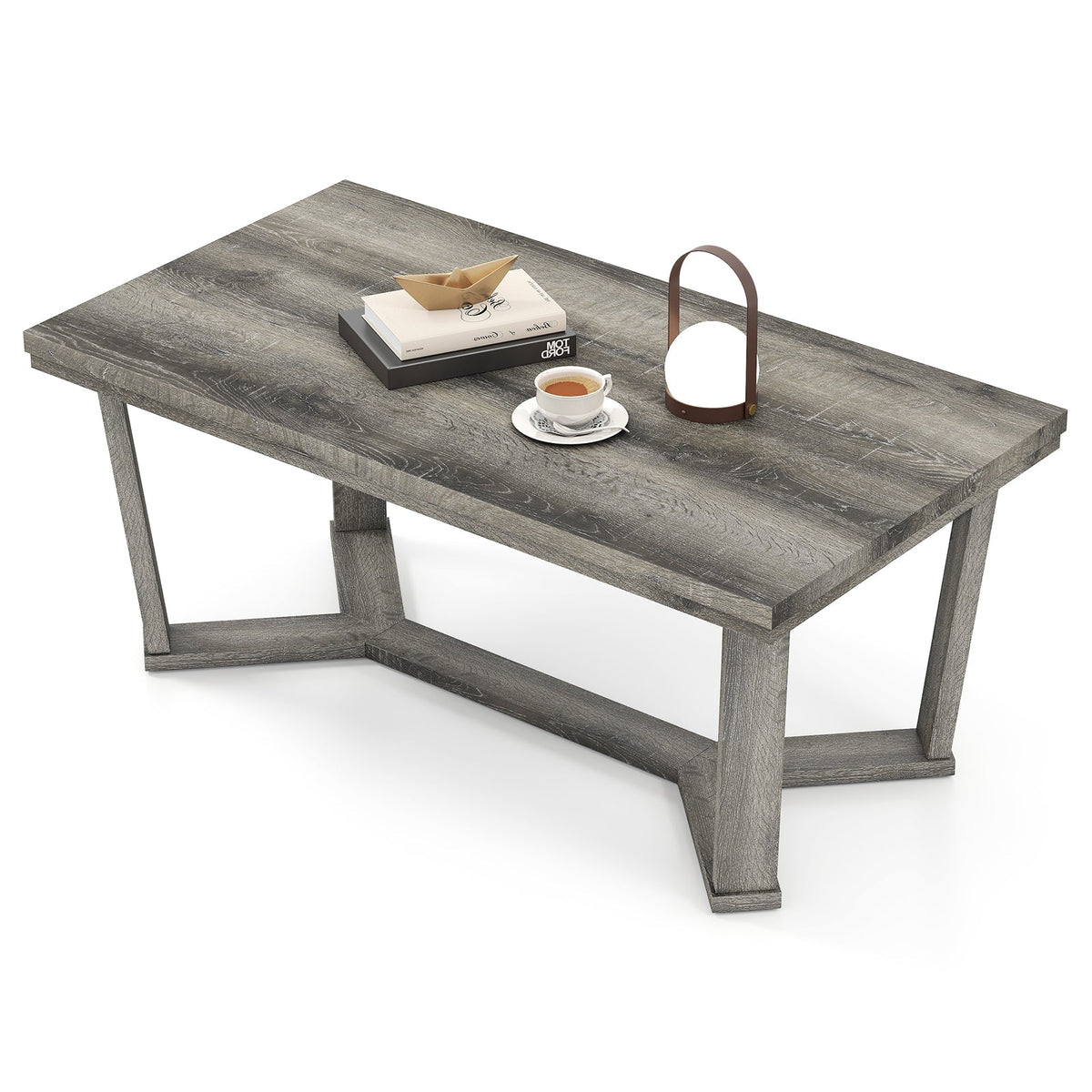 Rectangle Coffee Table Rubber Wood Base with Cross-Shaped Base-Gray