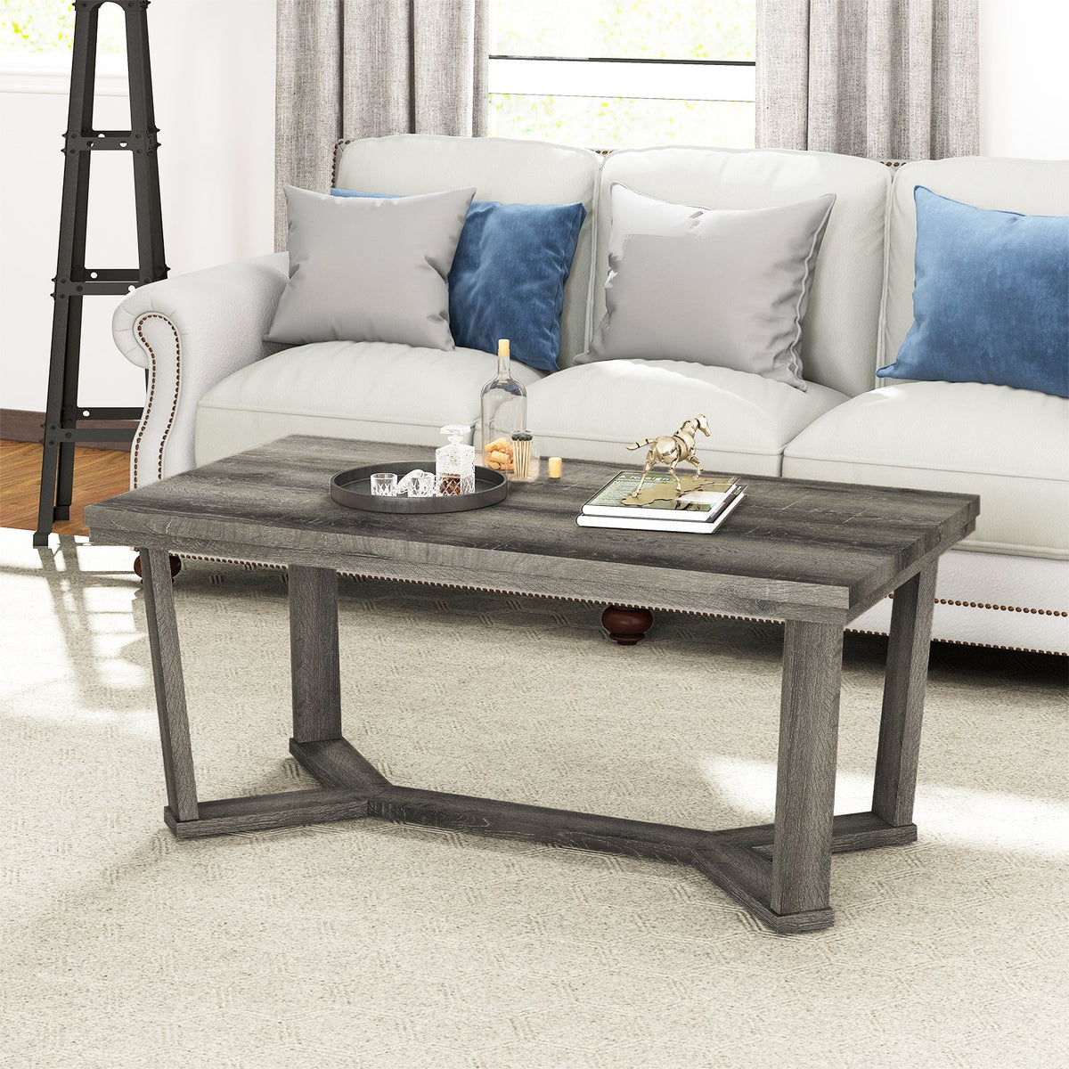 Rectangle Coffee Table Rubber Wood Base with Cross-Shaped Base-Gray