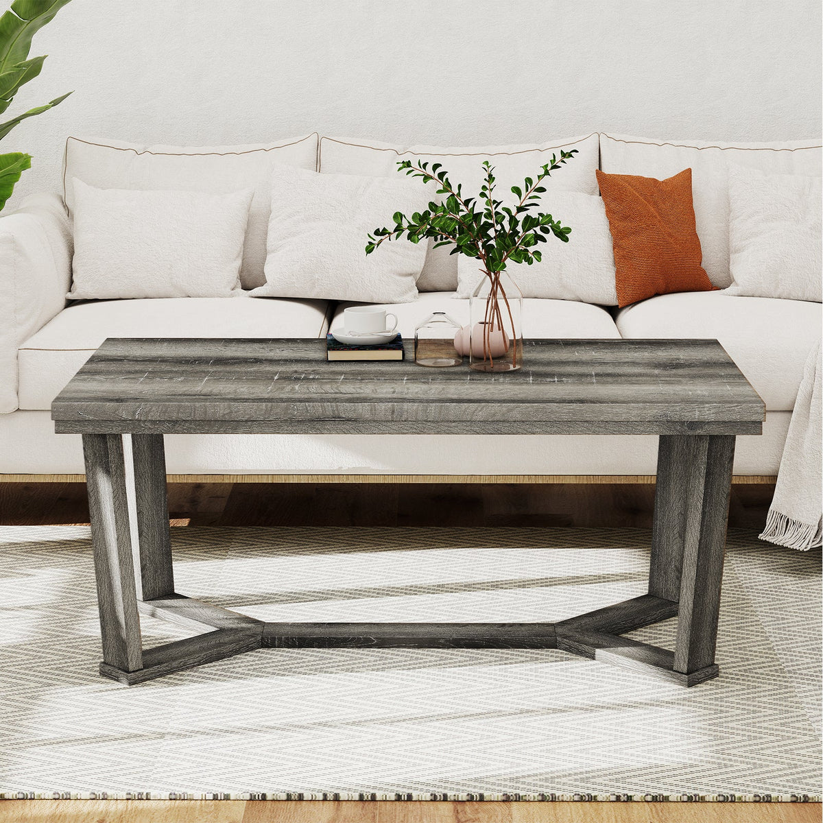 Rectangle Coffee Table Rubber Wood Base with Cross-Shaped Base-Gray