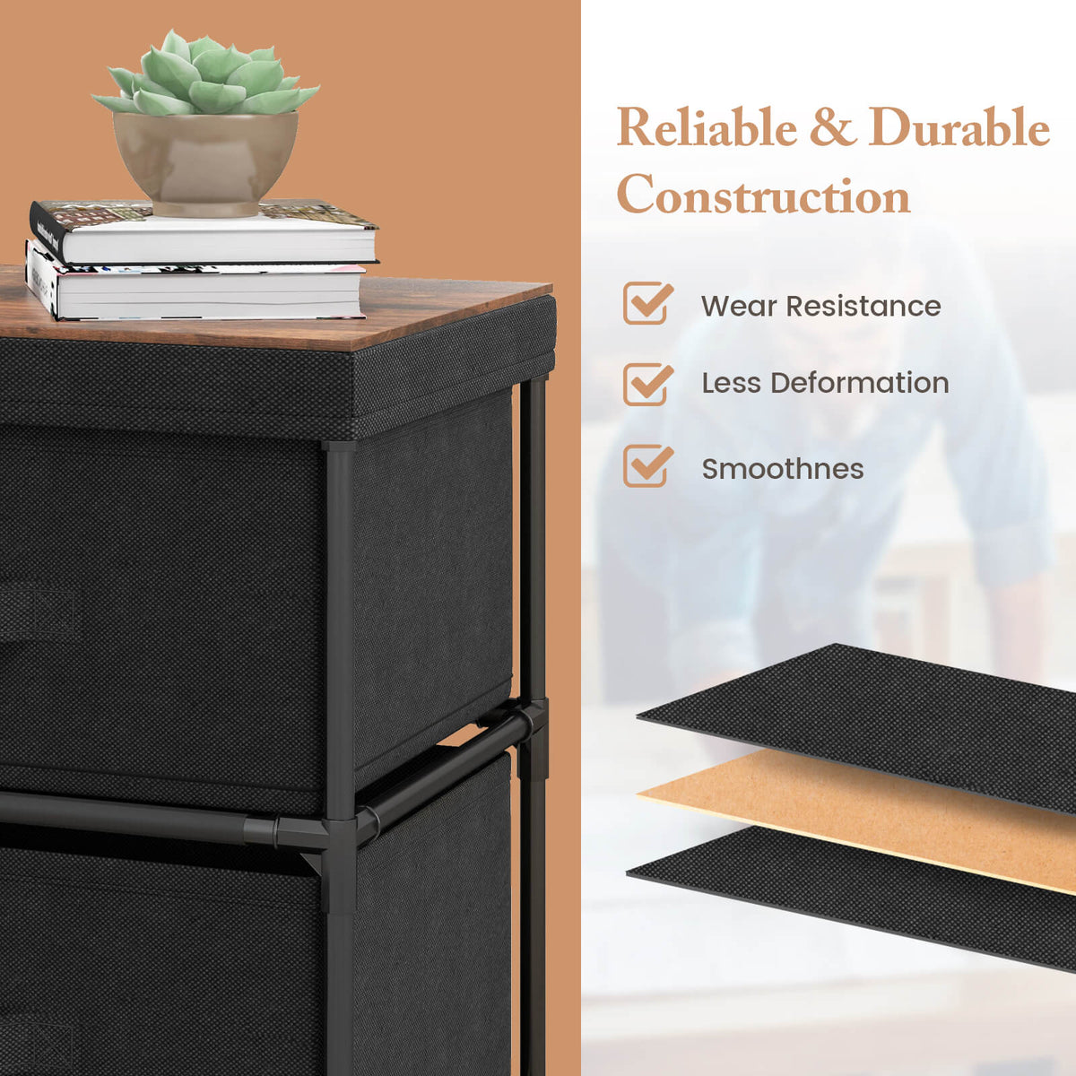 2-Drawer Nightstand with Removable Fabric Bins and Pull Handles