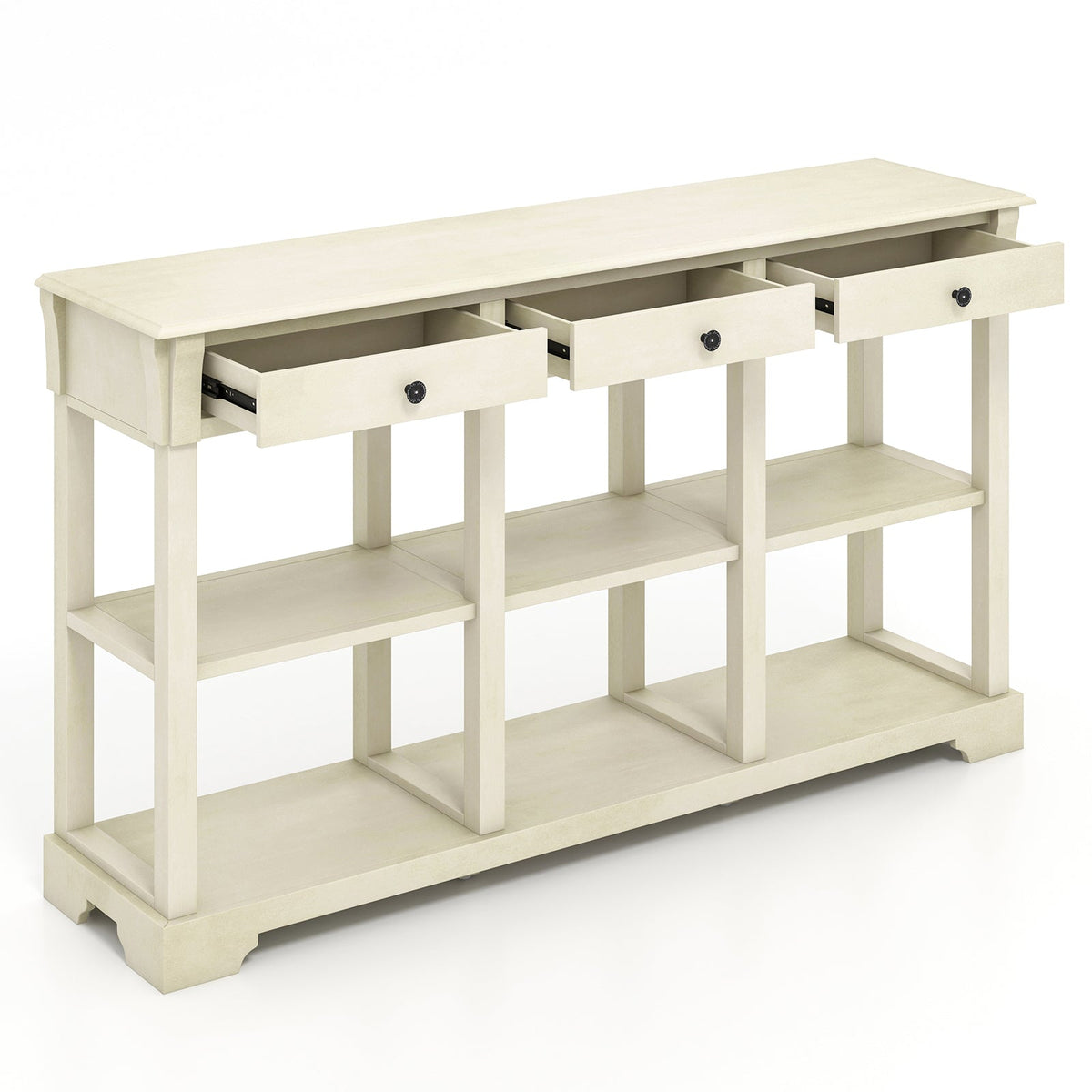 58 Inch Retro Console Table with 3 Drawers and Open Shelves Rectangular Entryway Table