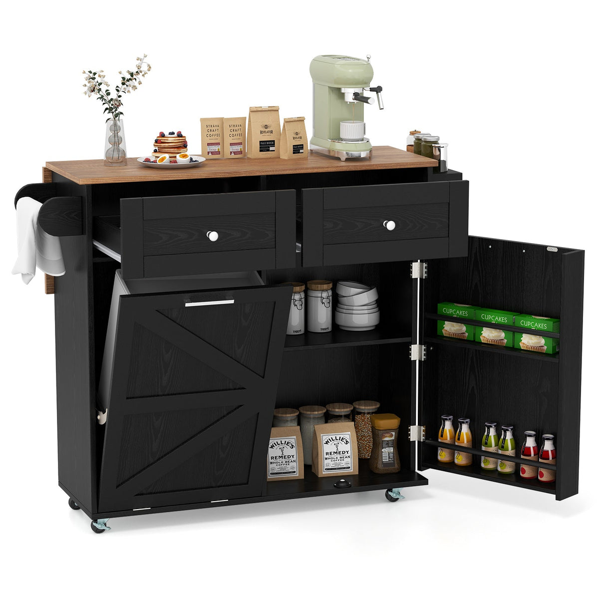 Rolling Kitchen Island with Trash Can Cabinet and Rubber Universal Wheels