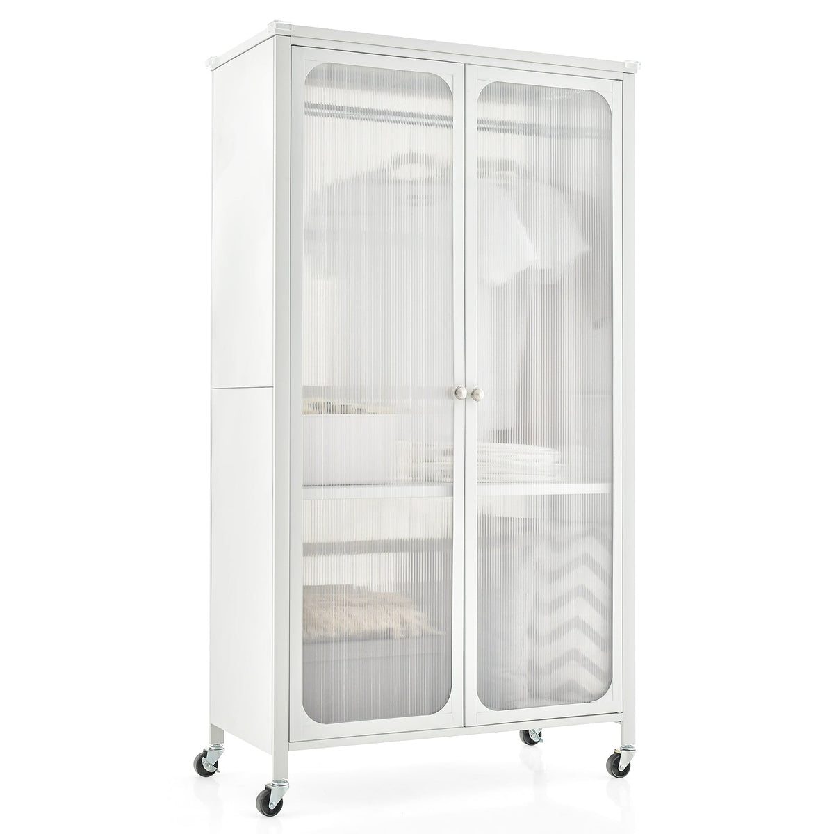 Rolling Storage Armoire Closet with Hanging Rod and Adjustable Shelf-White