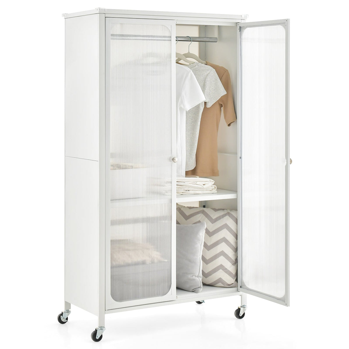 Rolling Storage Armoire Closet with Hanging Rod and Adjustable Shelf-White