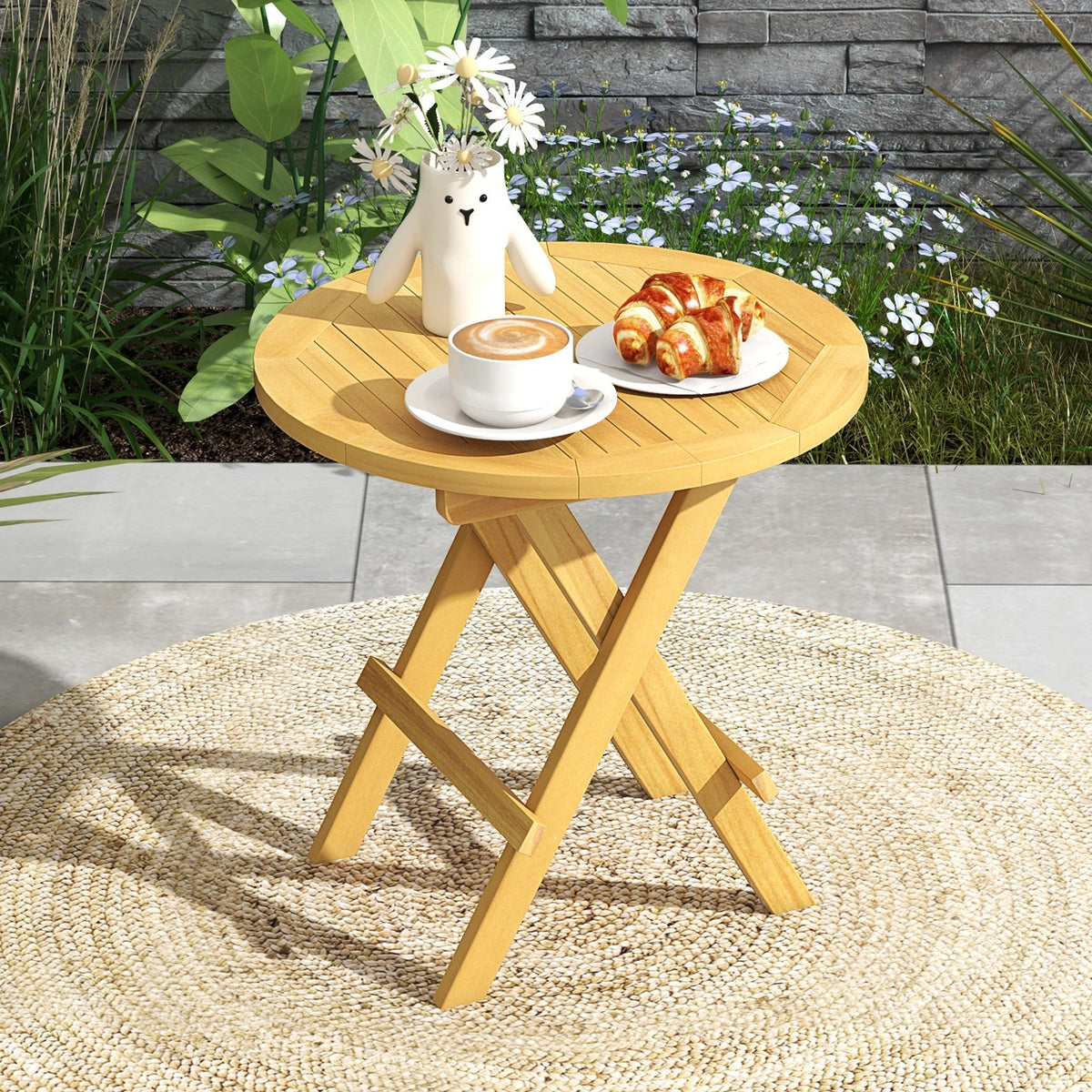 Portable and Compact Outdoor End Table with X-shaped Legs and Slatted Tabletop