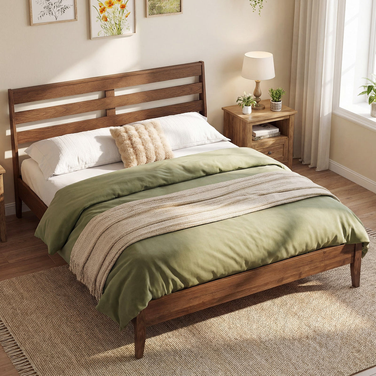 Twin Size Wood Platform Bed Frame with Slat Headboard