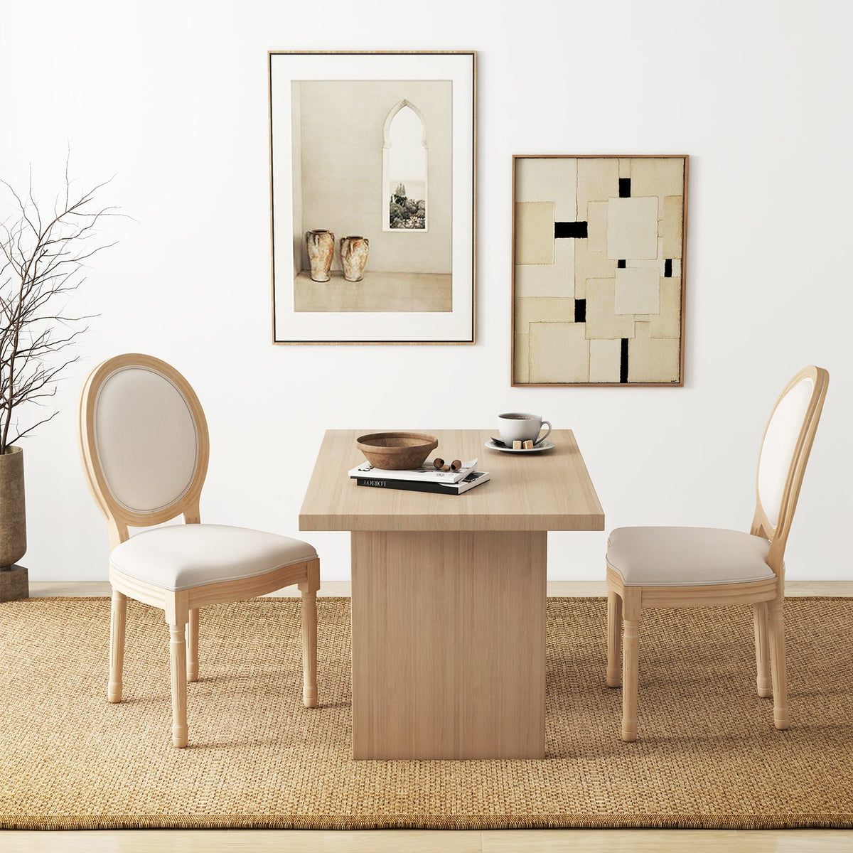 Rubber Wood Kitchen French Dining Chair Set of 2 with Sponge Padding and Round Backrest-Beige