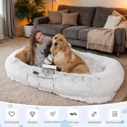 Human Dog Bed – Washable Faux Fur Orthopedic Bolster Bed for People & Pets, Giant Napping Bed, 2 Sizes