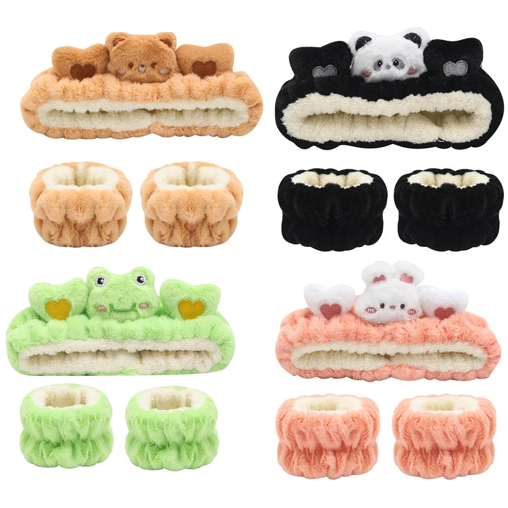 3Pcs Set Makeup Headband Wristband Set Cute Animal Face Wash Cleaning Spa Hairhand for Women