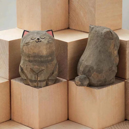 Handcrafted wood carving kitten statue Desk accessories Cat