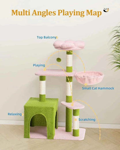 Large Cat Tree with 2-Door Condo – Scratching Posts, Floral Perch & Hammock for Adult Cats (Green/Pink)
