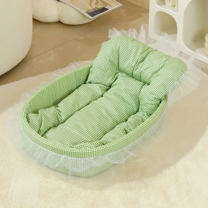 Kawaii Macaroon Princess Pet Bed – Soft Plaid & Mesh Skirt Cat & Dog Nest with Removable Cover (3 Colors)