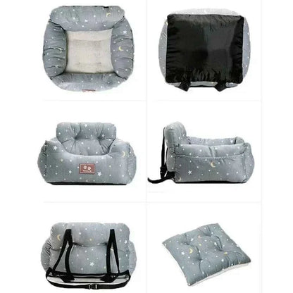Dog Car Seat Booster Nest – Washable 100% Cotton Travel Cushion with Safety Belt, All-Season, 3 Styles