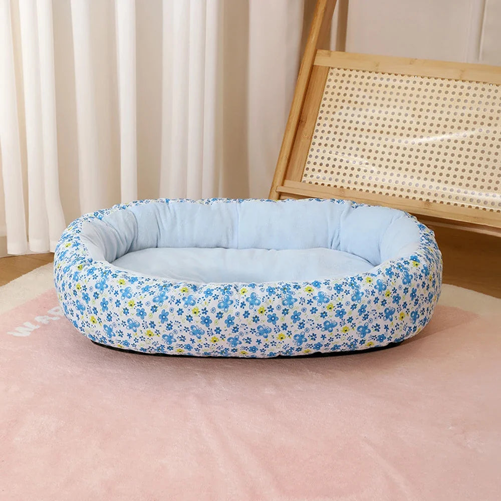 Kawaii Bolster Sofa Bed for Cats & Dogs – Soft Cotton All-Season Pet Nest with Raised Border (4 Colors, S–L)