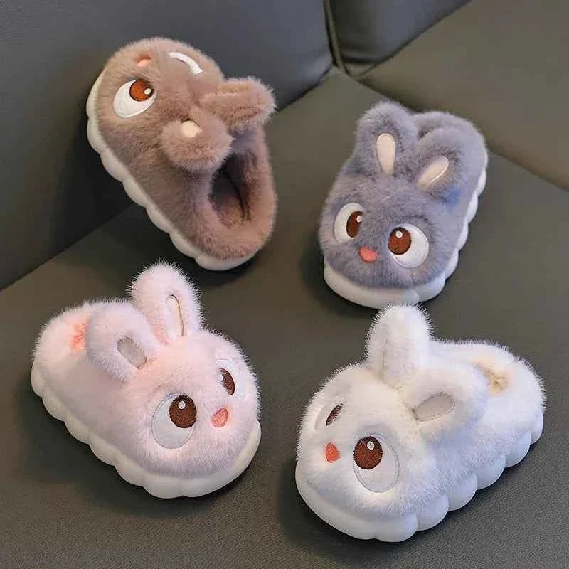 Kids Big-Eyed Rabbit Slippers – Cute Waterproof Warm Plush Indoor Shoes for Boys & Girls