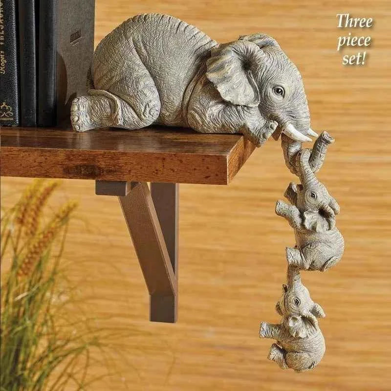 Cute Elephant Figurines Set of 3 – Mama & Baby Elephant Resin Decor Gift