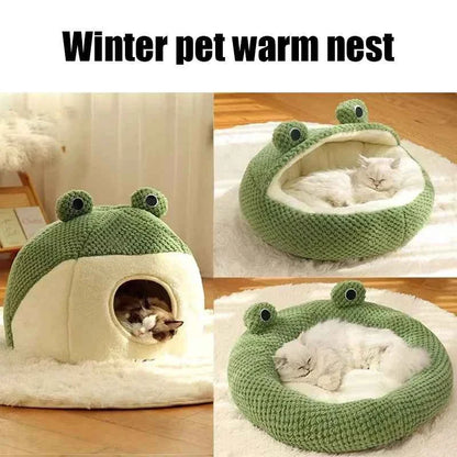 Kawaii Frog Shape Pet Nest – Winter Warm Plush Cat & Dog Villa (3 Styles, Anti-Slip, Removable Cushion)