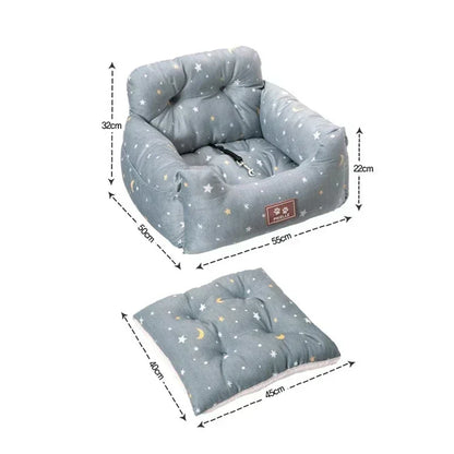 Dog Car Seat Booster Nest – Washable 100% Cotton Travel Cushion with Safety Belt, All-Season, 3 Styles