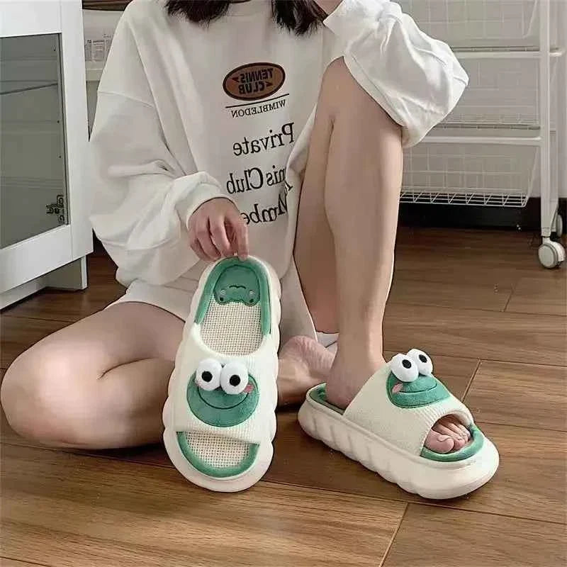 Frog Linen Slippers – Warm Indoor Home Slides with Thick Sole Anti-Slip for Women & Couples