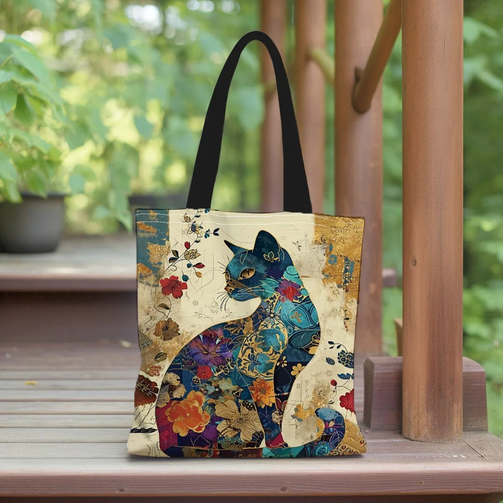 Eco-Friendly Canvas Tote Bag – Floral Cat Design & Lightweight