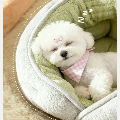 Kawaii Thickened Winter Warm Security Bed for Small Dogs & Cats – Soft Coral Fleece All-Season Kennel (White, M–XL)