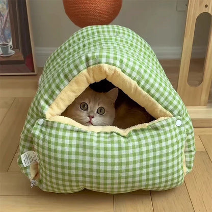 Kawaii Thermal Plush Pet Cave Bed – Cozy Enclosed Sleeping Bag House for Cats & Small Dogs (10 Colors)