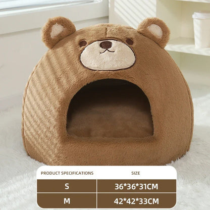 Kawaii Bear Cat Cave House – Soft Velvet & Plush Winter Warm Indoor Kitten Nest (S & M)