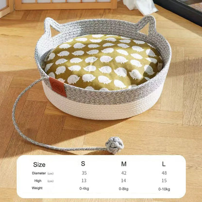 Japanese Hand-Woven Rattan Cat Basket – Summer Cooling Round Pet Bed, Cotton Rope, Optional Cushion, 3 Colors & 3 Sizes