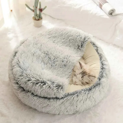 Enclosed Round Plush Cat & Dog Nest – Soft Warm Calming Sleep Bag Cave Bed, 6 Colors, 2 Sizes