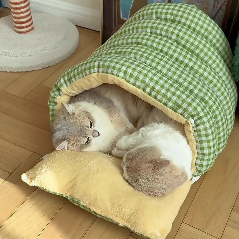 Kawaii Thermal Plush Pet Cave Bed – Cozy Enclosed Sleeping Bag House for Cats & Small Dogs (10 Colors)