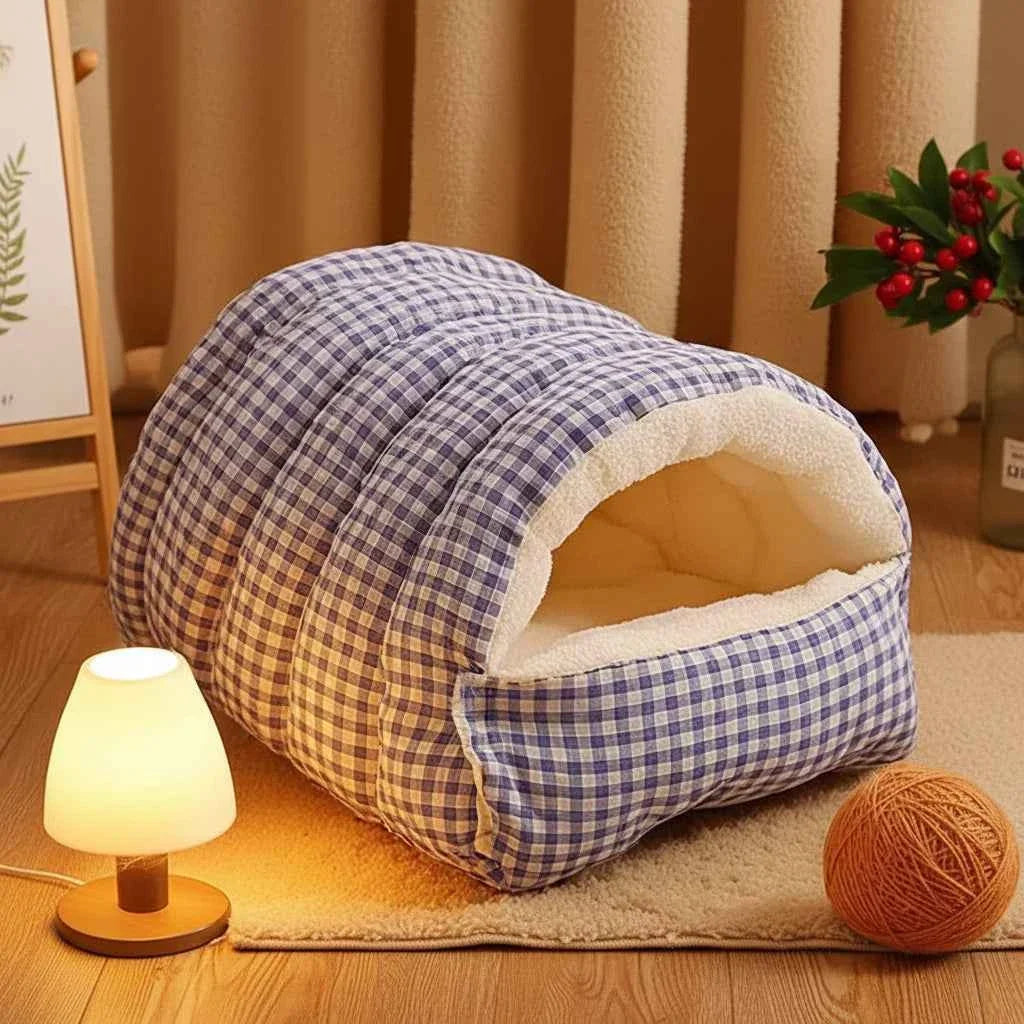 Kawaii Thermal Plush Pet Cave Bed – Cozy Enclosed Sleeping Bag House for Cats & Small Dogs (10 Colors)