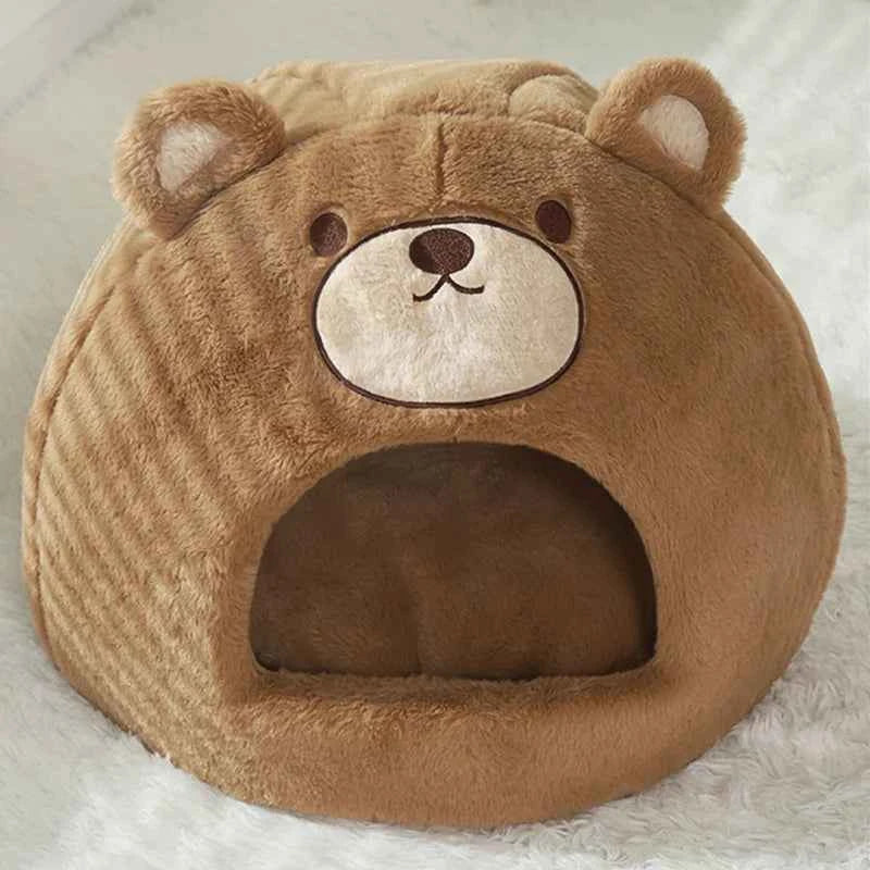 Kawaii Bear Cat Cave House – Soft Velvet & Plush Winter Warm Indoor Kitten Nest (S & M)