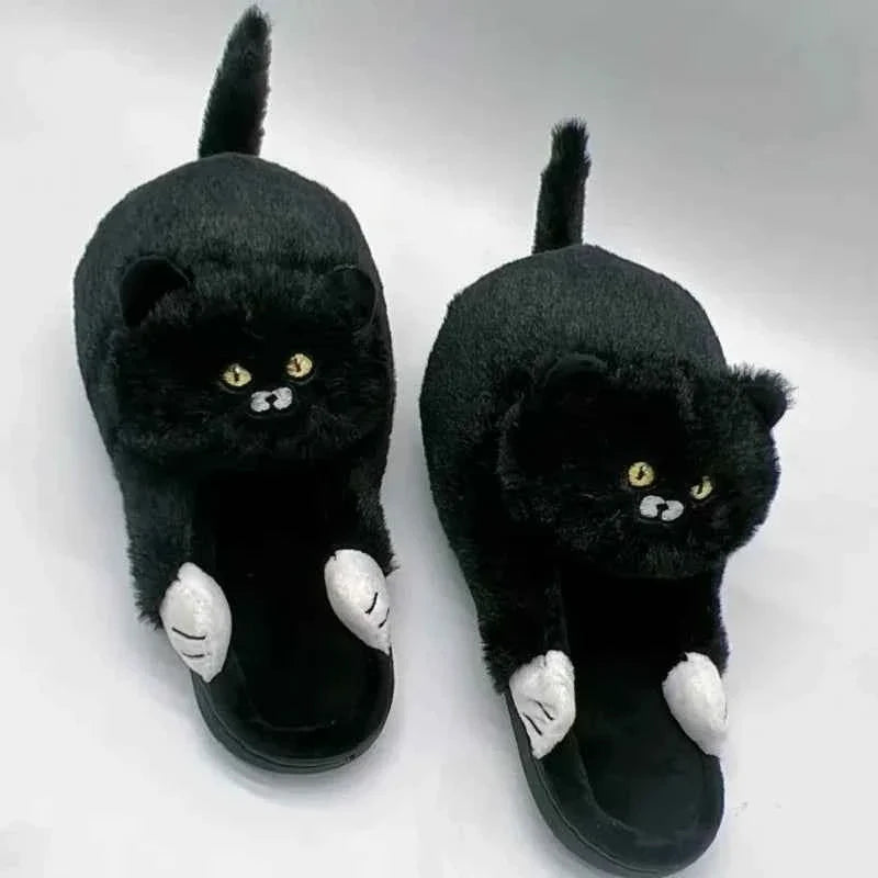 Cuddly Hug Cat Slippers Women Winter Home Fur Slides Kawaii