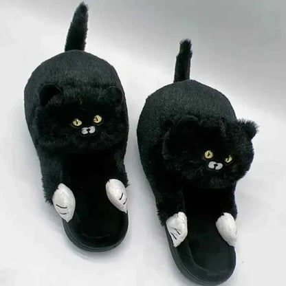 Cuddly Hug Cat Slippers Women Winter Home Fur Slides Kawaii