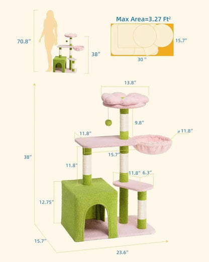 Large Cat Tree with 2-Door Condo – Scratching Posts, Floral Perch & Hammock for Adult Cats (Green/Pink)