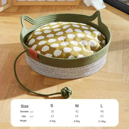 Japanese Hand-Woven Rattan Cat Basket – Summer Cooling Round Pet Bed, Cotton Rope, Optional Cushion, 3 Colors & 3 Sizes