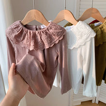 1-12Years Long Sleeved Shirts Children's Spring Knitted Tops Baby's Lace 2025 Lace Base Shirt Korean Girls Ruffle Collar T-shirt
