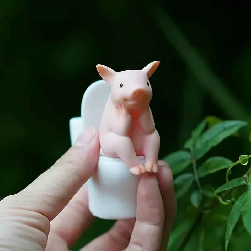 Adorable Pink Pig on Toilet Figurine - Whimsical PVC Decor