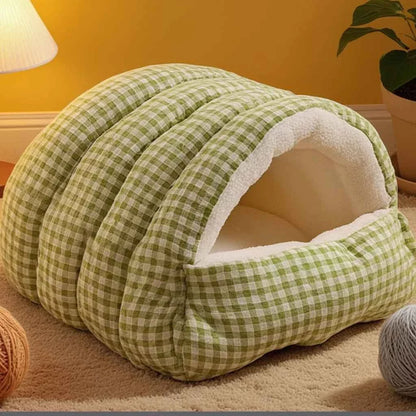 Kawaii Thermal Plush Pet Cave Bed – Cozy Enclosed Sleeping Bag House for Cats & Small Dogs (10 Colors)