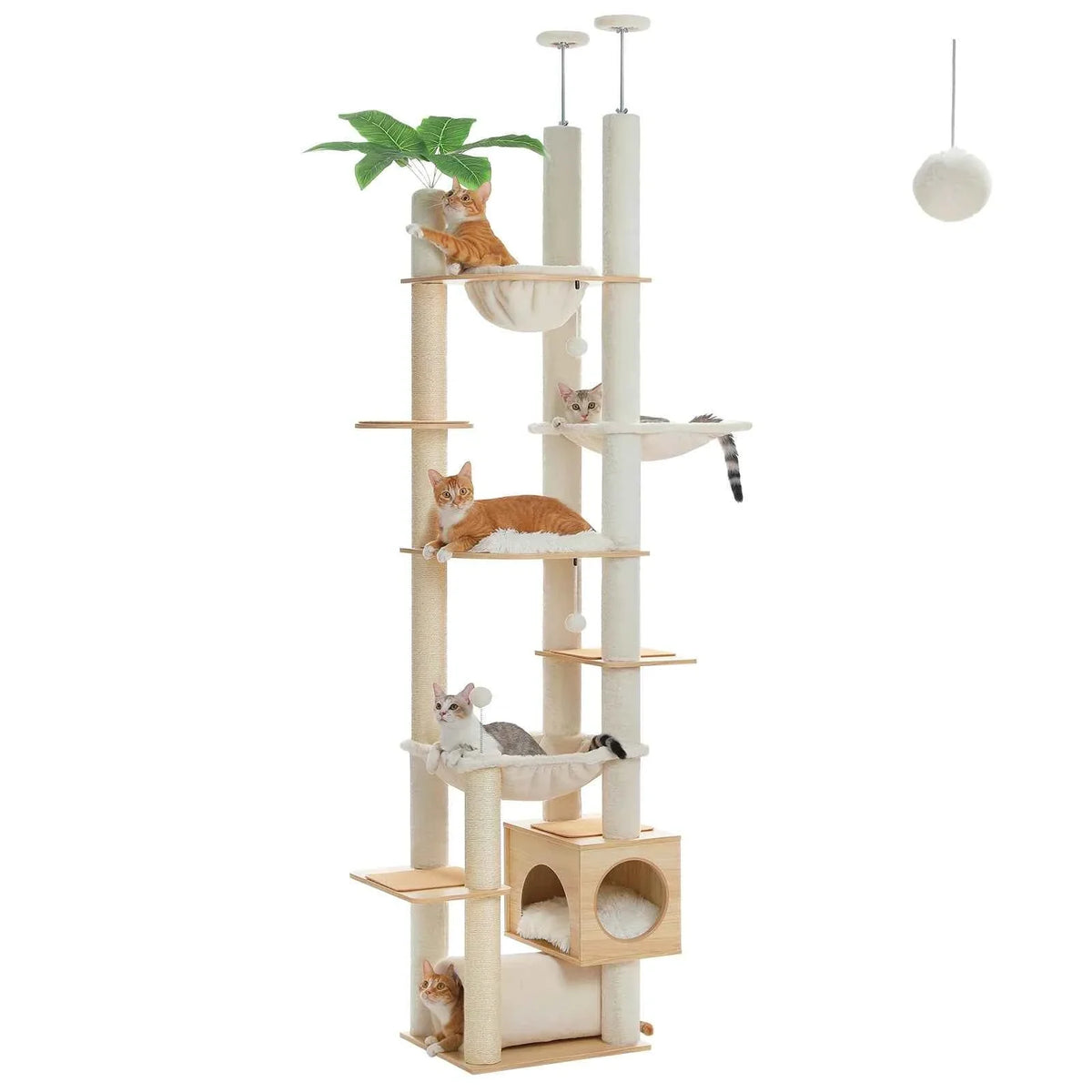 Floor to Ceiling Cat Tree – Adjustable Wooden Tower with Hammock & Sisal Scratching Posts