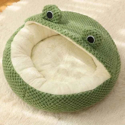 Kawaii Frog Shape Pet Nest – Winter Warm Plush Cat & Dog Villa (3 Styles, Anti-Slip, Removable Cushion)