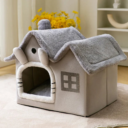 Foldable Pet Cave Kennel – Warm Suede Dog Cat House Nest Bed, Puppy Cave Sofa, 2 Colors & 2 Sizes