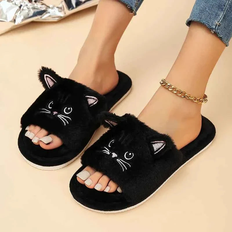 Casual Fluffy Slippers Women Home Flat Cat Cartoon Luxury
