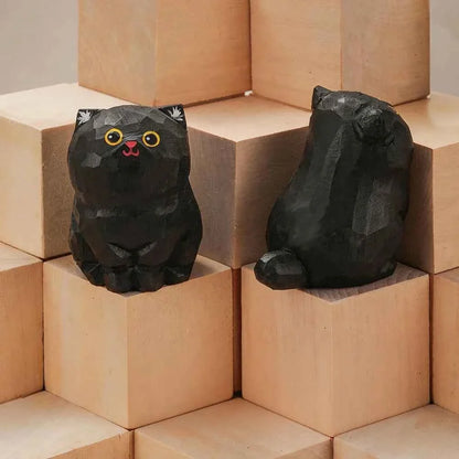 Handcrafted wood carving kitten statue Desk accessories Cat